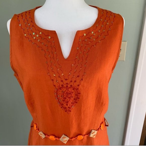 Passager Orange Sequined Embellished 100 Percent Linen Dress ~ NWT - Picture 3 of 12